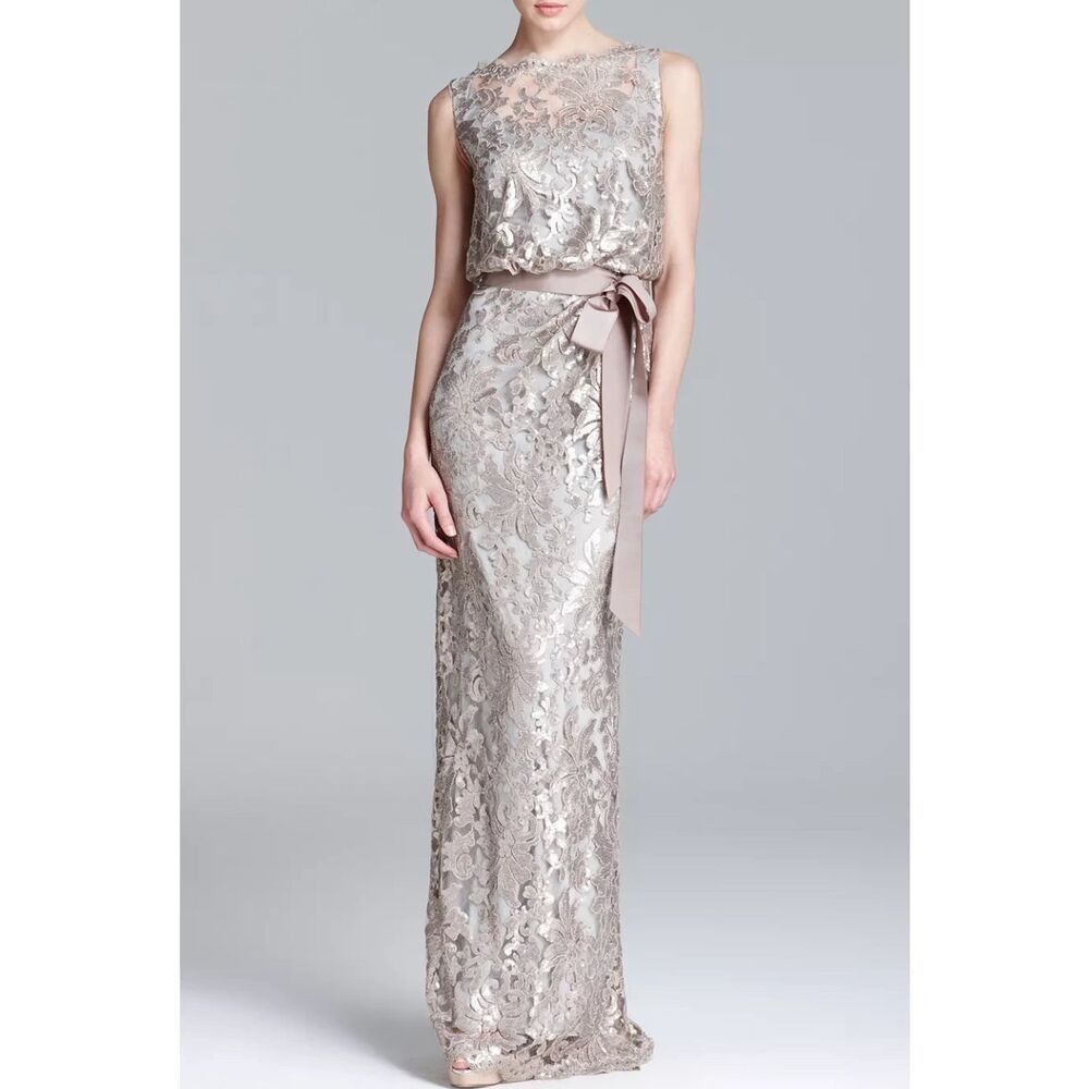 Tadashi Shoji Silver Lace Maxi Gown with Satin Belt